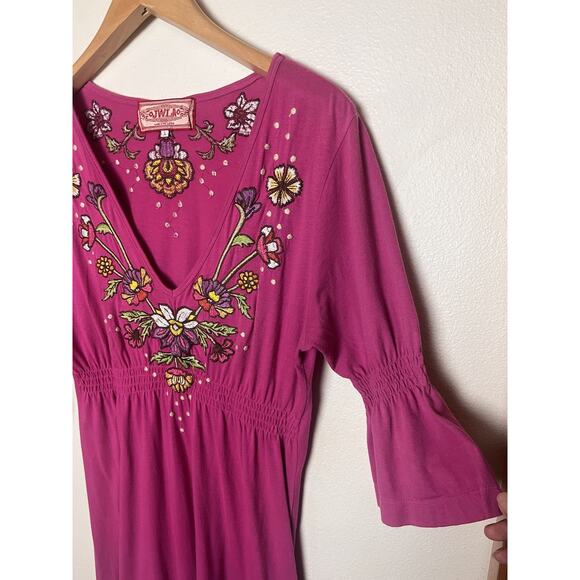 Johnny Was JWLA Embroidered Smocked Cotton Dress Sz Large Pink Floral Boho - Picture 2 of 9